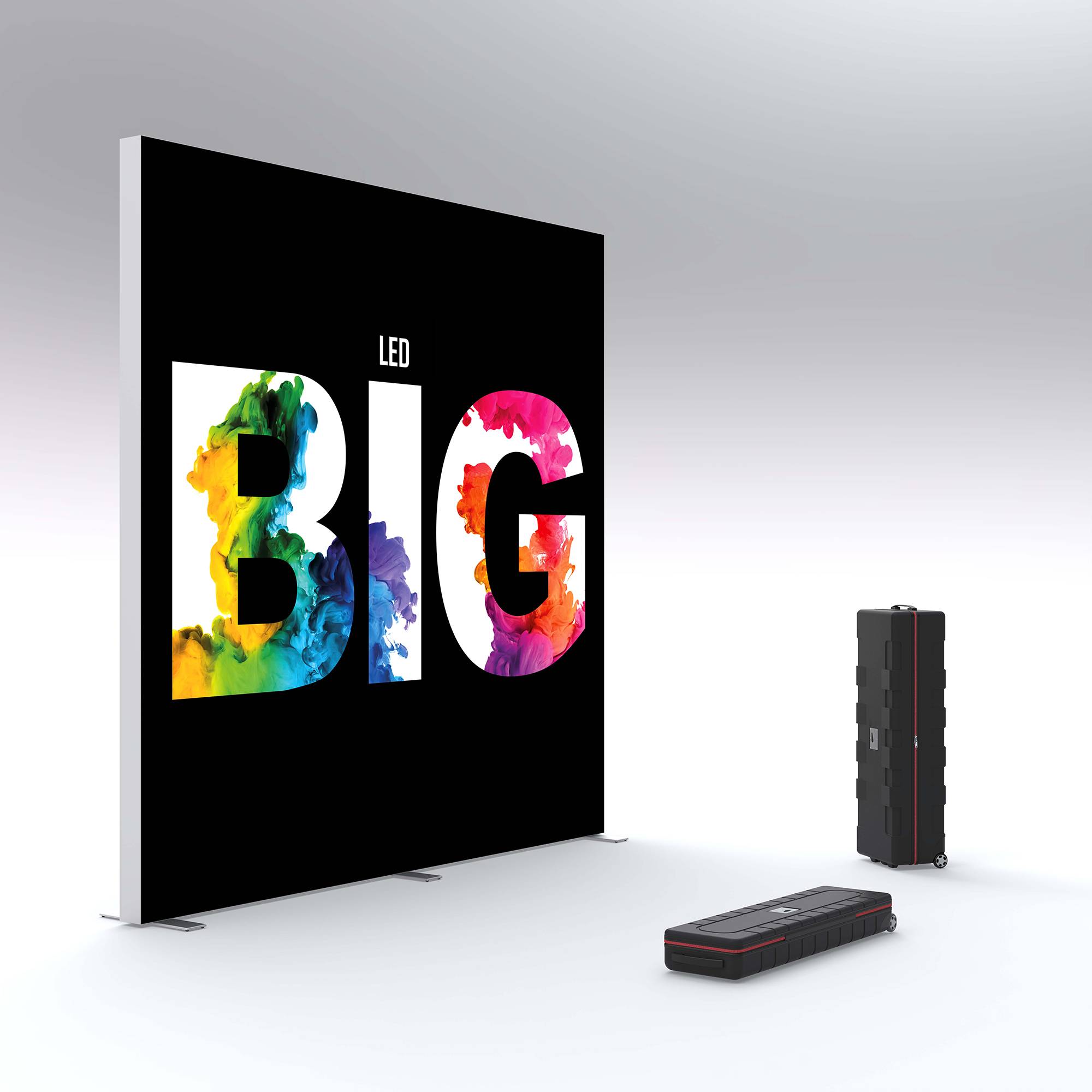 Bedrukte LED-Lightbox met levendig meerkleurig woord 'BIG' met daarnaast een ABS transportkoffer op wieltjes