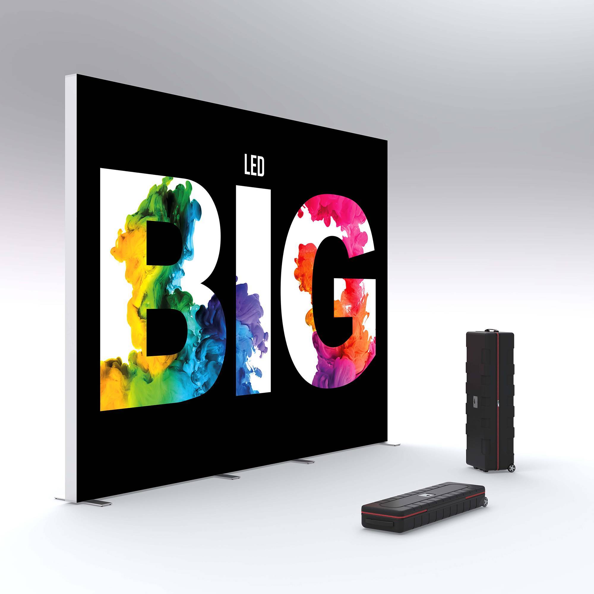 Bedrukte LED-Lightbox met levendig meerkleurig woord 'BIG' met daarnaast een ABS transportkoffer op wieltjes