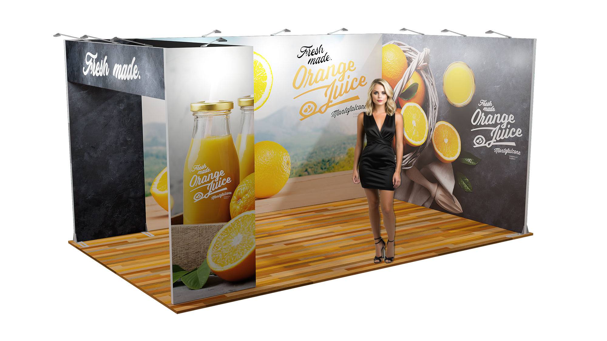Exhibition stand with bridge element, storage and LightBox module