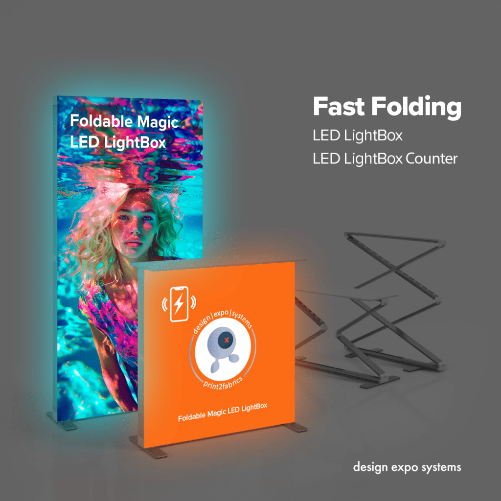 Foldable Magic LED LightBox en Balie Twee LED LightBox-displays, waarvan er één een levendige onderwaterscène met een vrouw laat zien, en de andere gevouwen. De tekst luidt "Fast Folding LED LightBox LED LightBox Counter" op een grijze achtergrond.
