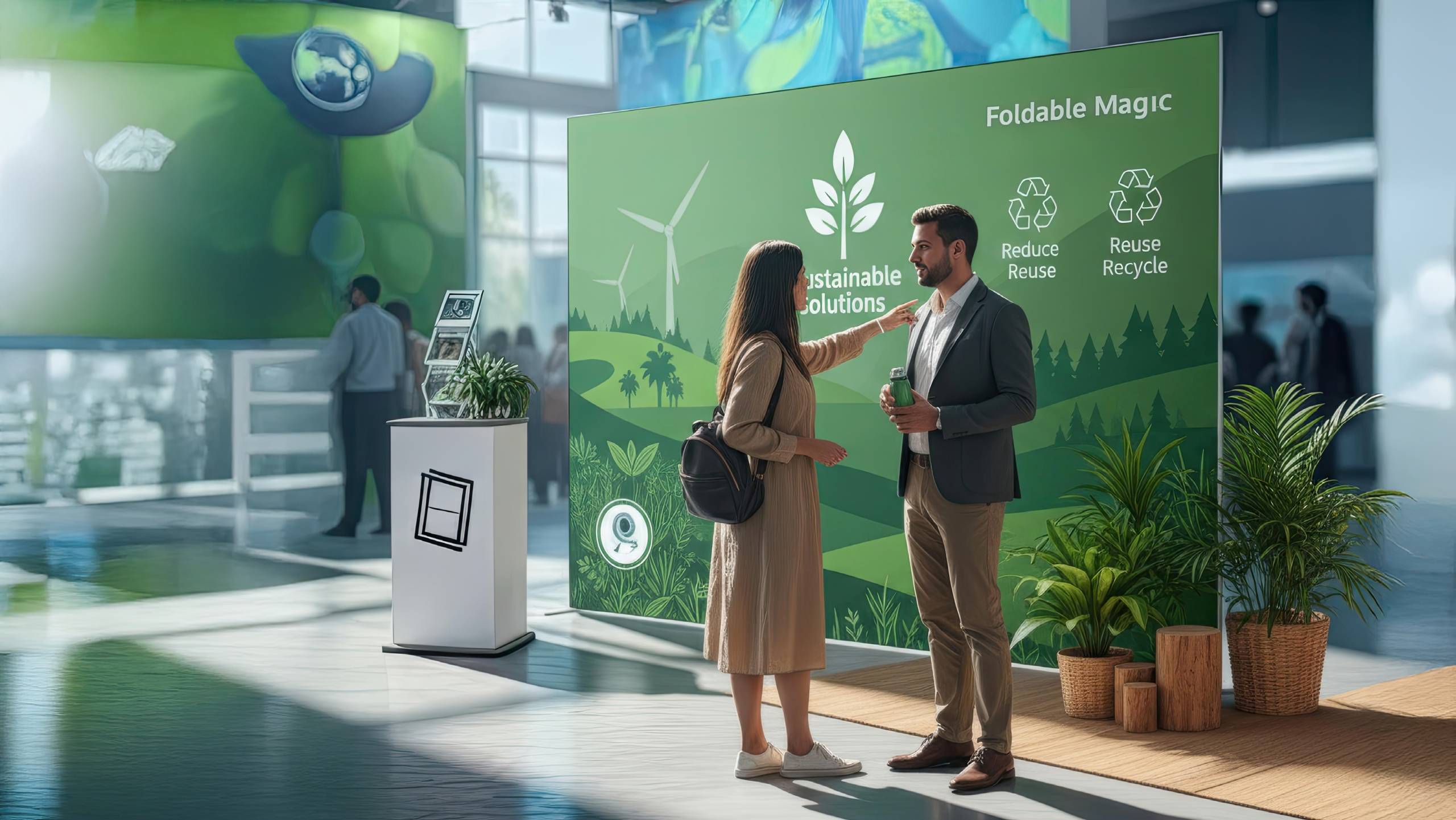 Herbruikbare & duurzame beurswand met Foldable Magic Alu Frame Duurzame beursstand met Foldable Magic Alu Frame – modulair presentatiesysteem met groene full-color print. Herbruikbaar, lichtgewicht en gereedschapsloos op te bouwen, ideaal voor bedrijven die hun merk professioneel én milieuvriendelijk willen presenteren op beurzen en events.