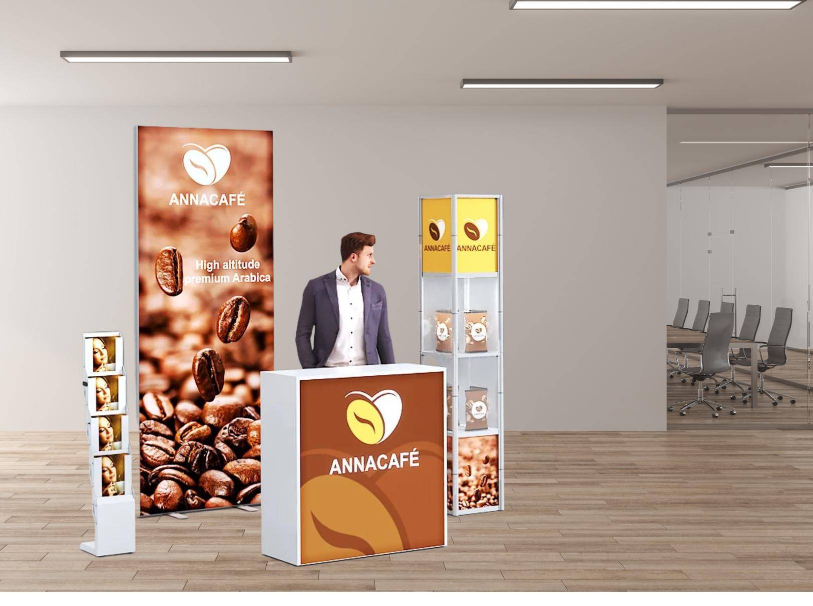 Exhibition desk with display, showcase and brochure holder