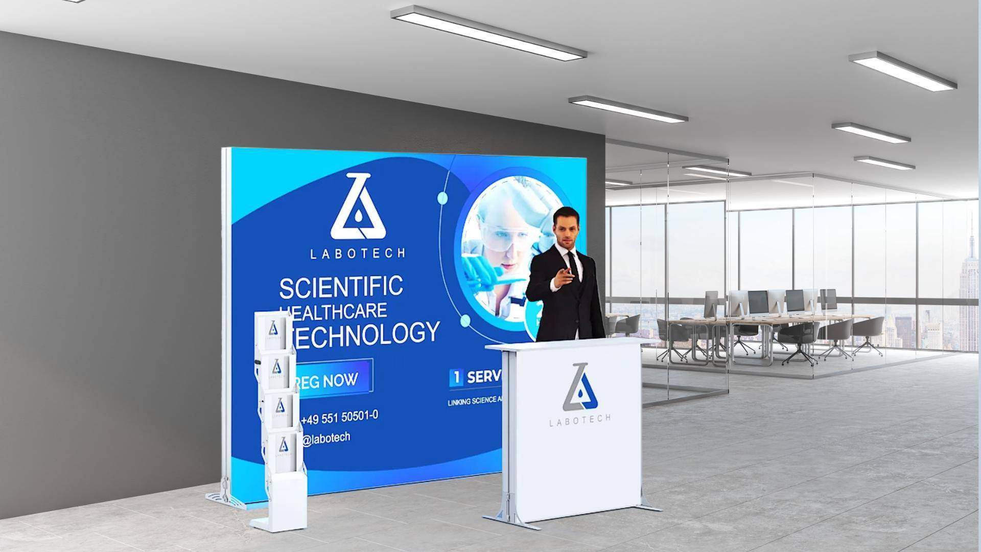 Smart LightBox Go with counter and brochure holder A man in a suit stands at a Labotech podium in a modern office and presents in front of a large screen about scientific health care technology.