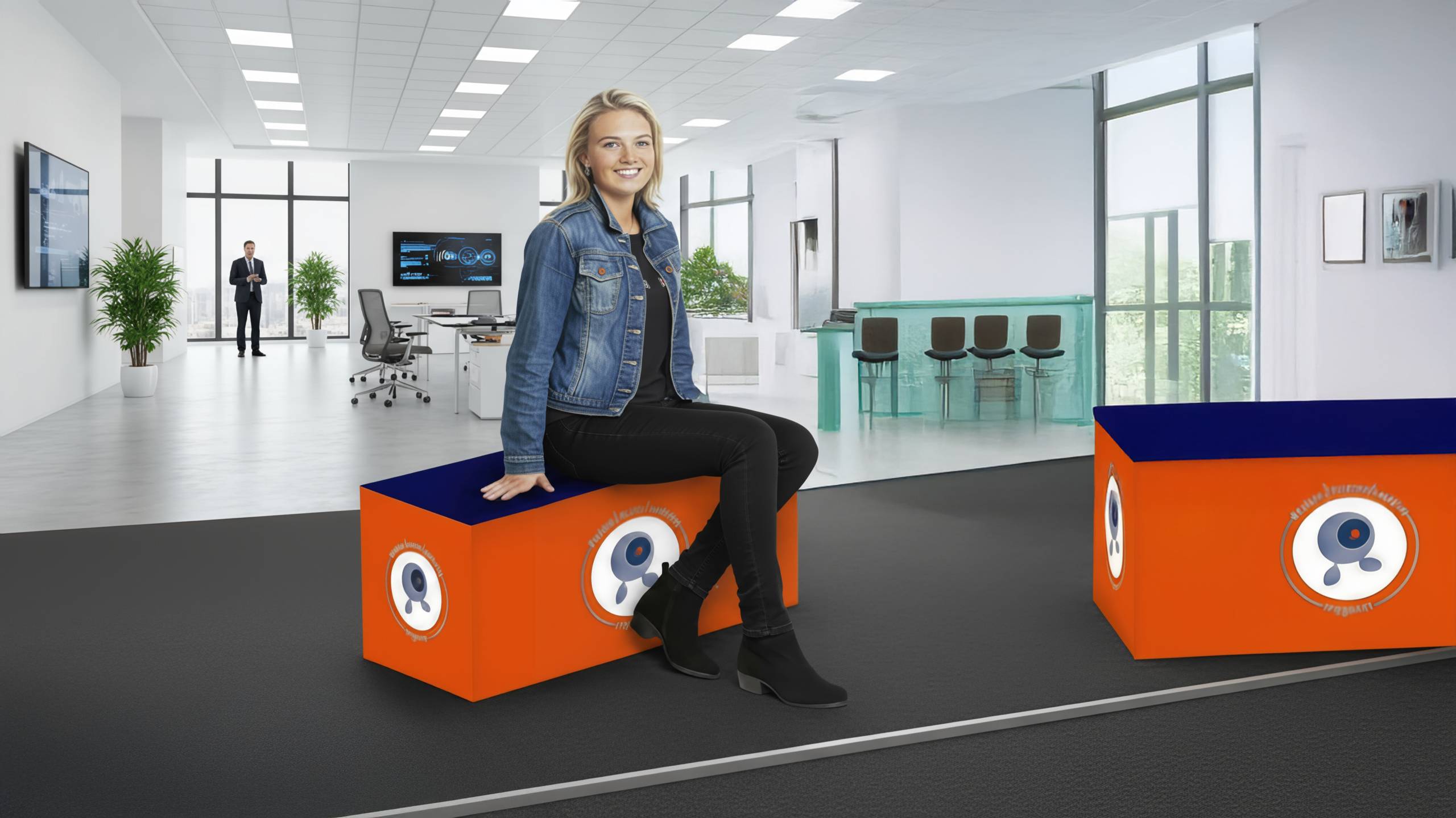 Modulaire Branding Zitkubus Een vrouw in een spijkerjasje zit op een maat bedrukte oranje-blauwe modulaire zitkubus in een moderne kantoorlounge, ideaal voor event branding en beursstands.