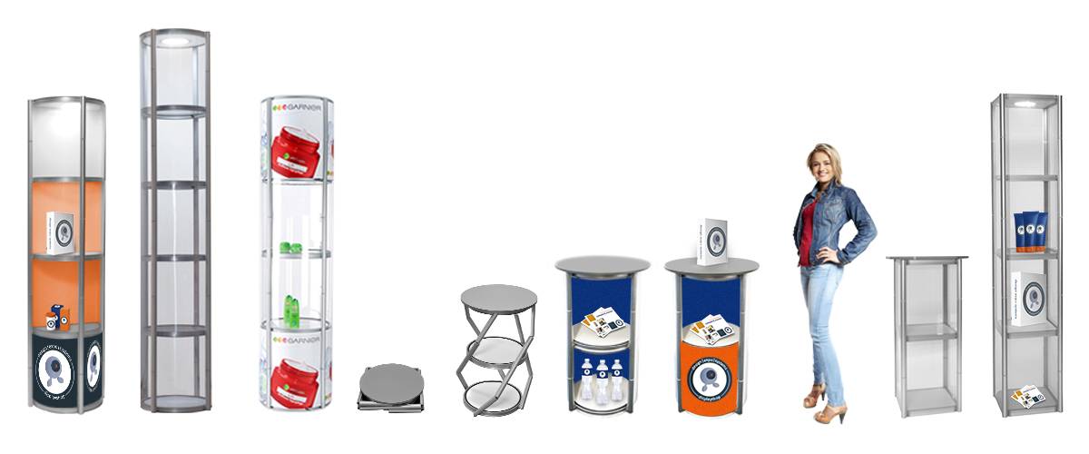 Overzicht Foldable Showcase Plooibare vitrine, showcase in verschillende vormen en groottes