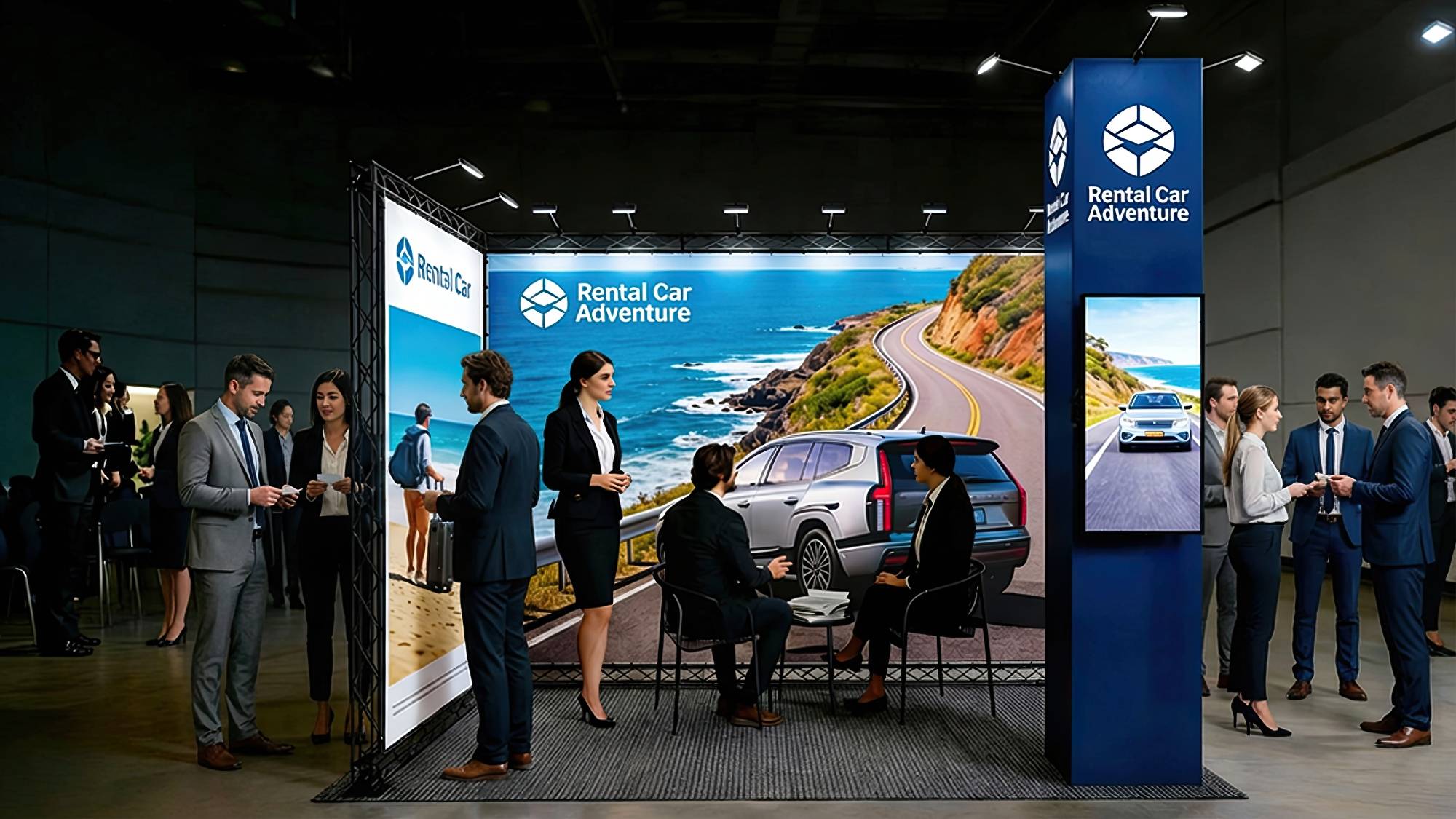 X15 Modular Truss Tower beursstand met geïntegreerd Digital Signage Screen en naadloze SEG textielprints voor professionele merkpresentatie.