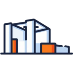 Een vereenvoudigde illustratie van een fabrieksgebouw met witte muren, blauwe contouren en oranje accenten.