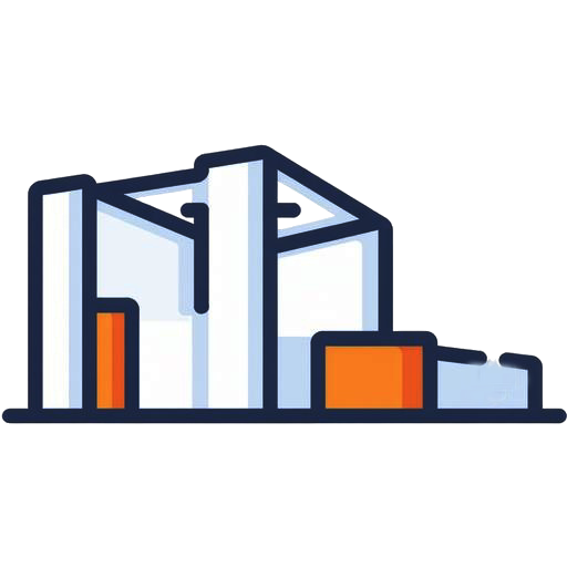 Eenvoudige illustratie van een fabriek of industrieel gebouw met witte muren, blauwe contouren en oranje accenten tegen een effen achtergrond - perfect als inspiratie voor een Modulaire Beursstand ontwerp.