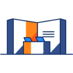 Illustratie van een informatiebalie met twee laptops voor een groot open boek, met tekstregels en een oranje accent.