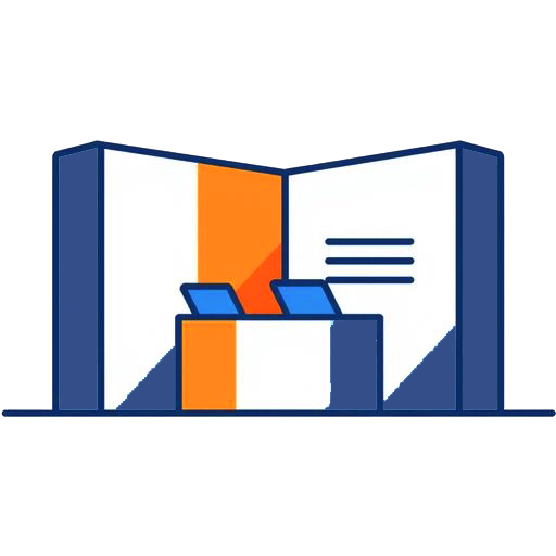 Illustratie van een informatiebalie met twee laptops voor een groot open boek, met tekstregels en een oranje accent.